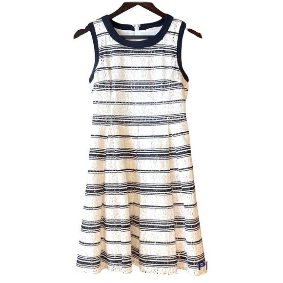 Pleated White & Navy Lace Mini Dress - Picture 1 of 8
